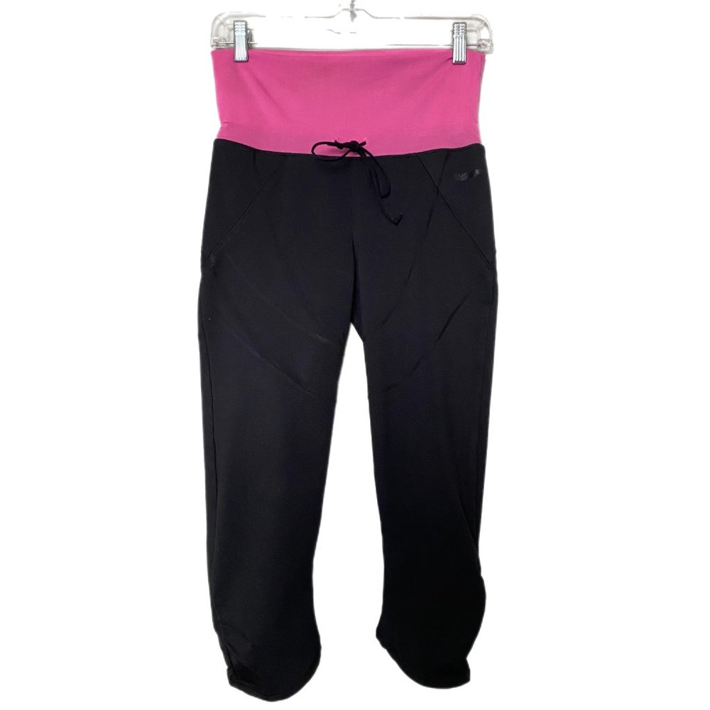 BEBE Sport Pink/Black High Waist Side Cinch Drawstring Capri Workout Pants Sm